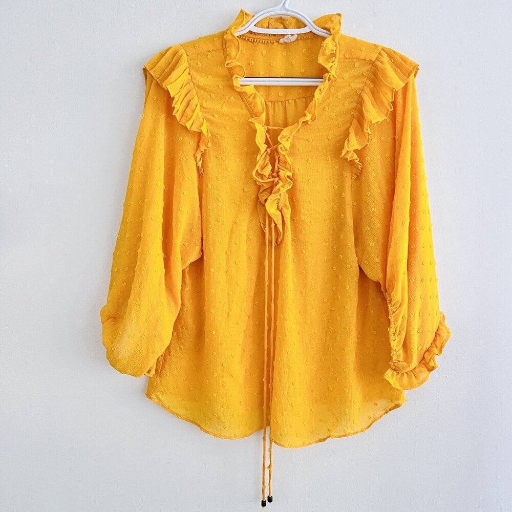 ANTHROPOLOGIE Mustard Yellow Frilly Swiss Dot Ruffly Blouse ~ Size Small